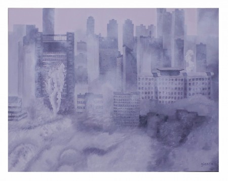 HARBIN , RECORD DE POLUTION : huile sur toile, 70 cm x 90 cm, janvier 2015. La ville la plus polluée au monde. Fait partie de la série traitant la pollution.